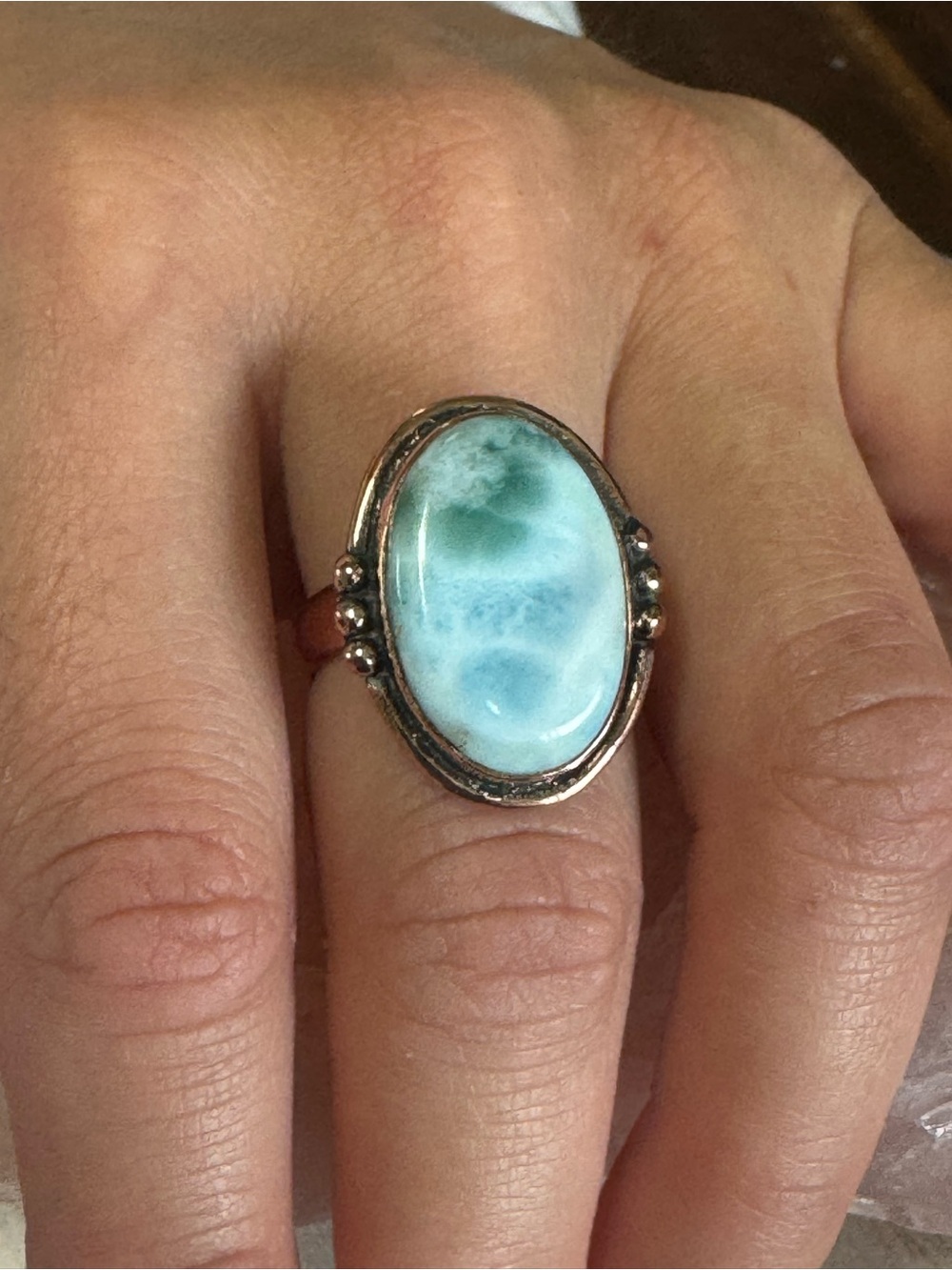 Larimar COPPER Oval Gemstone Statement Ring - Adjustable Size 7 - 9